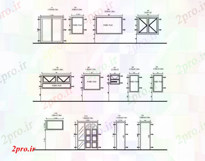 دانلود نقشه جزئیات طراحی در و پنجره   طراحی جزئیات پنجره درب بلوک  دو بعدی   نما  (کد99024)