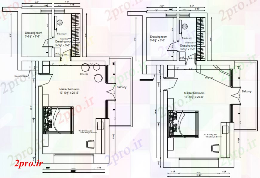 دانلود نقشه حمام مستر دو اتاق خواب طرحی جامع  (کد99137)