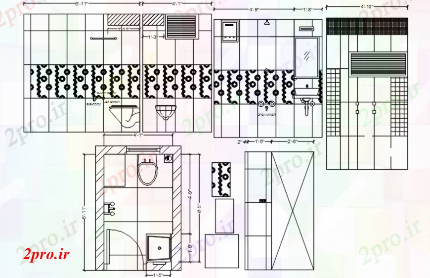 دانلود نقشه حمام مستر خانه زیبا توالت تمام نما طرفه، بخش و طرحی جزئیات (کد99215)