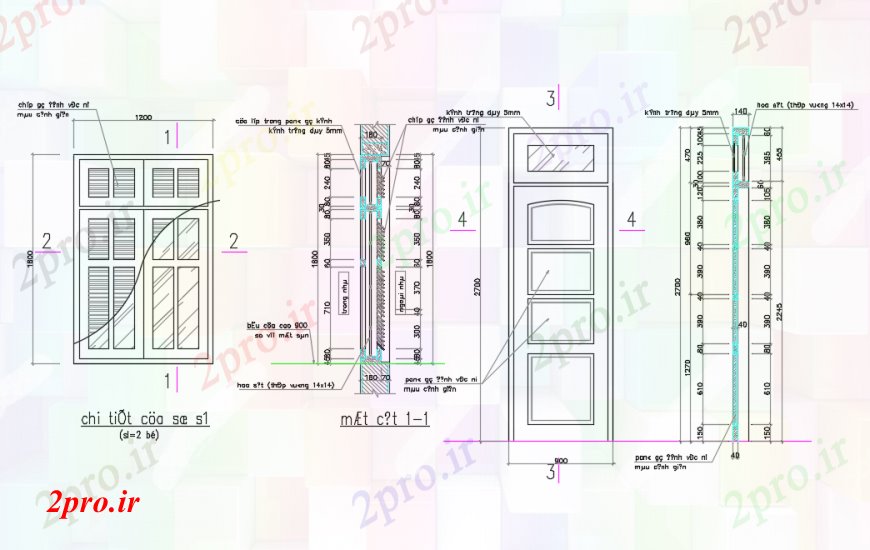 دانلود نقشه جزئیات طراحی در و پنجره اصلی درب نمای و بخش جانبی تمکین با جزئیات قاب 15 در 22 متر (کد99259)