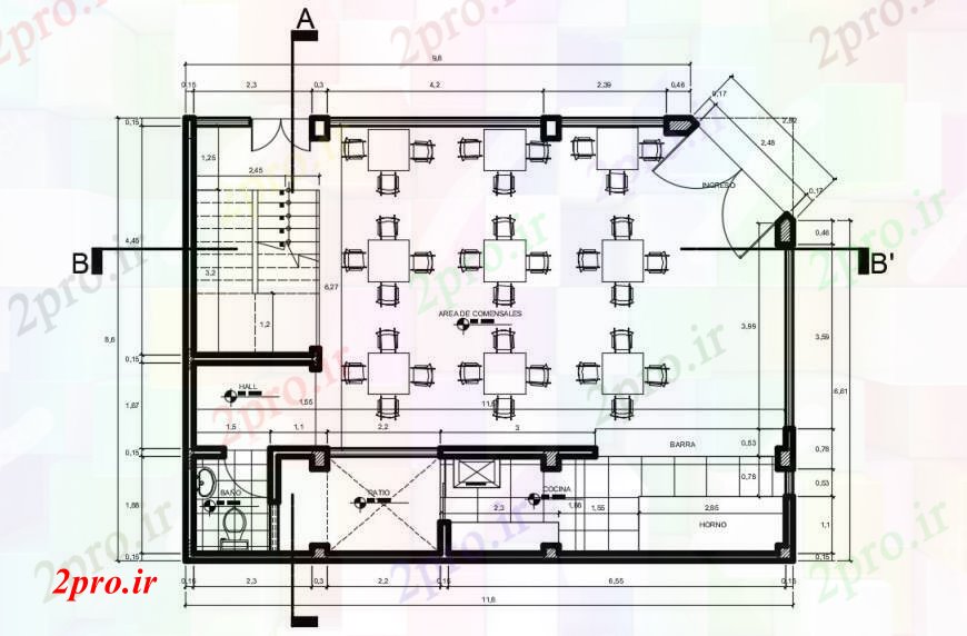 دانلود نقشه هتل - رستوران - اقامتگاه طراحی رستوران ساخت و ساز دو بعدی اتوکد 9 در 12 متر (کد99347)