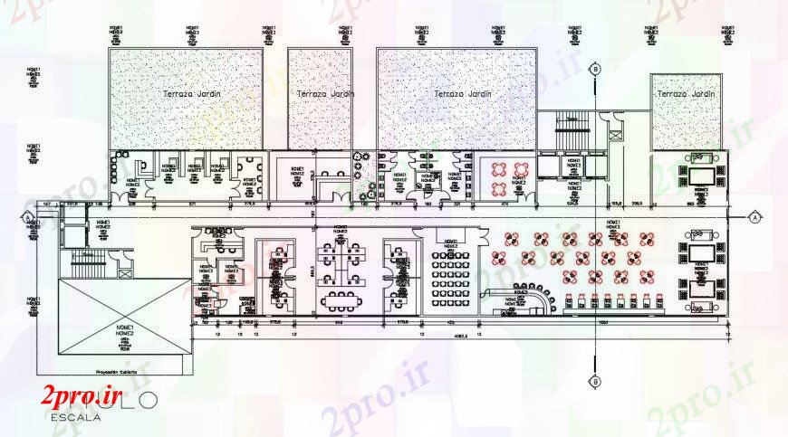 دانلود نقشه ساختمان دولتی ، سازمانی مرکز توانبخشی ساخت دو بعدی طراحی نمای 16 در 53 متر (کد99370)