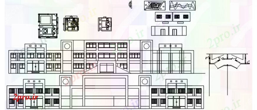 دانلود نقشه ساختمان اداری - تجاری - صنعتی دفتر بنیاد نماات چند طبقه ساختمان و خودکار 32 در 47 متر (کد99405)