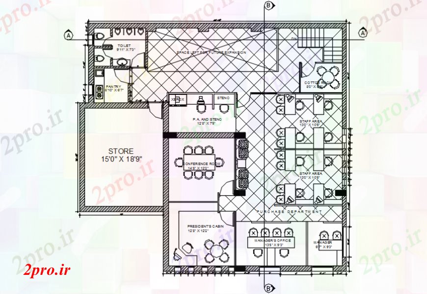 دانلود نقشه ساختمان اداری - تجاری - صنعتی بزرگ دفتر اتاق جلسه 14 در 14 متر (کد99473)