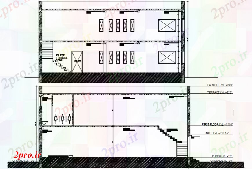 دانلود نقشه ساختمان اداری - تجاری - صنعتی دفتر جزئیات نما دو بعدی مفهوم 14 در 14 متر (کد99475)