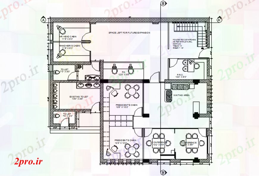 دانلود نقشه ساختمان اداری - تجاری - صنعتی نمای بالای مدل برنامه طرحی دفتر 14 در 14 متر (کد99477)