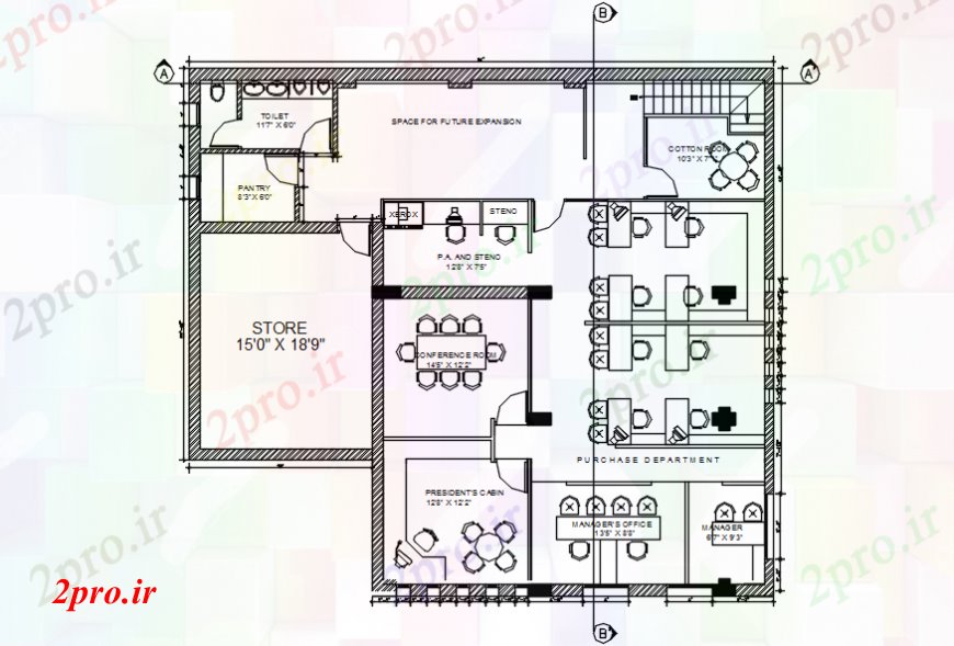دانلود نقشه ساختمان اداری - تجاری - صنعتی اتاق کنفرانس و دیگر جزئیات اتاق 14 در 14 متر (کد99478)