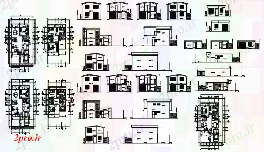 دانلود نقشه مسکونی  ، ویلایی ، آپارتمان  دو طبقه نما خانه، بخش و توزیع طرحی طبقه جزئیات (کد99529)