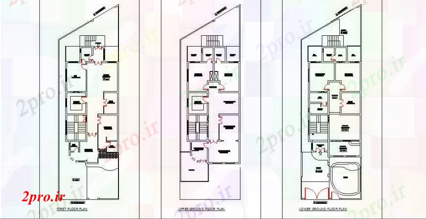 دانلود نقشه مسکونی ، ویلایی ، آپارتمان اولین و بالا و طرحی طبقه همکف پایین تر جزئیات طراحی ویلا 16 در 50 متر (کد99548)