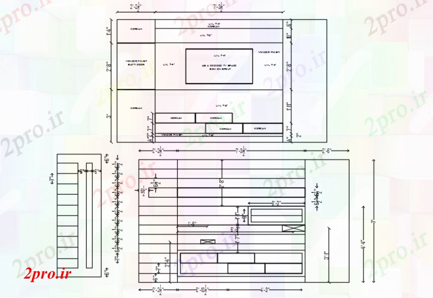 دانلود نقشه طراحی و مبلمان اتاقکابینه تلویزیون تمام  نما طرفه طراحی جزئیات  (کد99598)