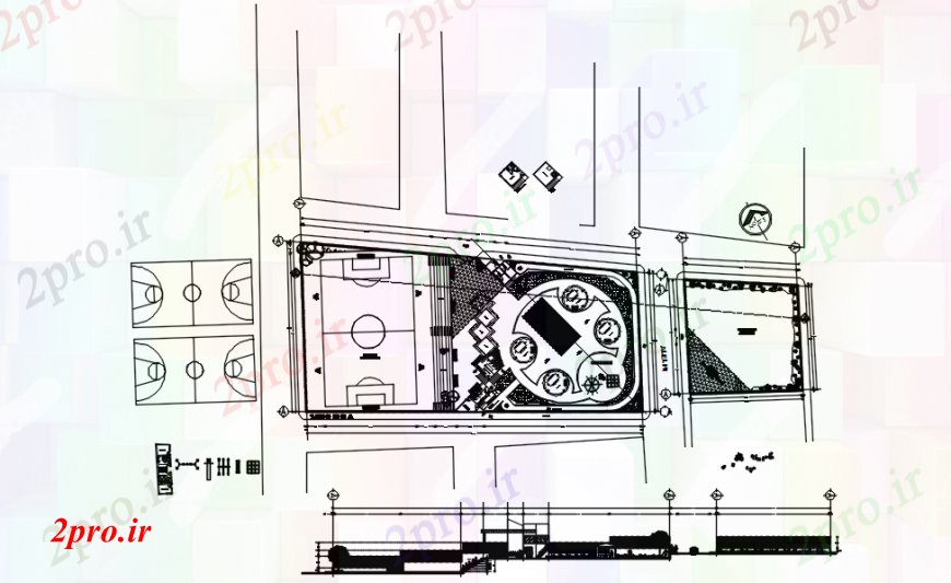دانلود نقشه باغ پارک تفریحی با ورزش محوطه سازی زمین ساختار  (کد99602)