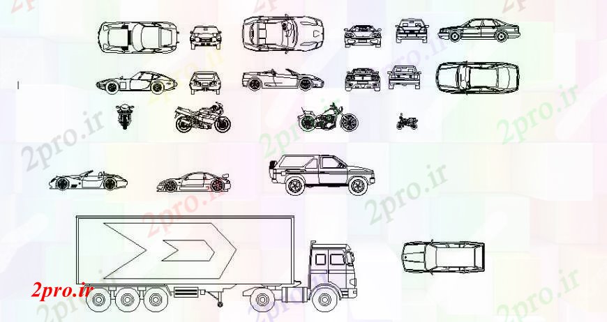 دانلود نقشه بلوک وسایل نقلیه همه نوع از بلوک نما خودرو  (کد99646)