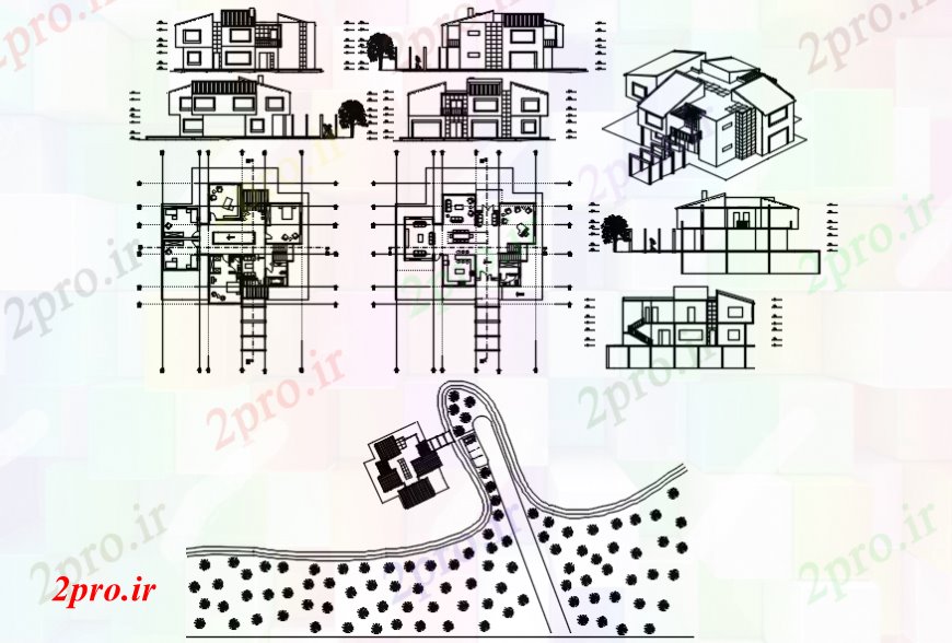 دانلود نقشه مسکونی  ، ویلایی ، آپارتمان  دو خانه دان طرفه و نما ایزومتریک، بخش و طرحی طبقه جزئیات  (کد99678)