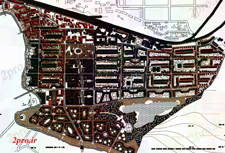 دانلود نقشه ساختمان اداری - تجاری - صنعتی نمای بالای طراحی شهری  (کد99704)