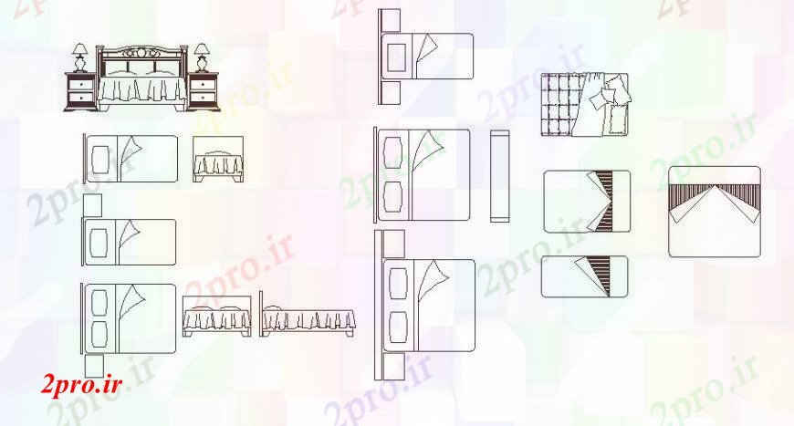 دانلود نقشه مبلمان  رستوران - غذا خوری - فست فود - هتلچند تخت بلوک دو جداره و تک نما جزئیات (کد99785)