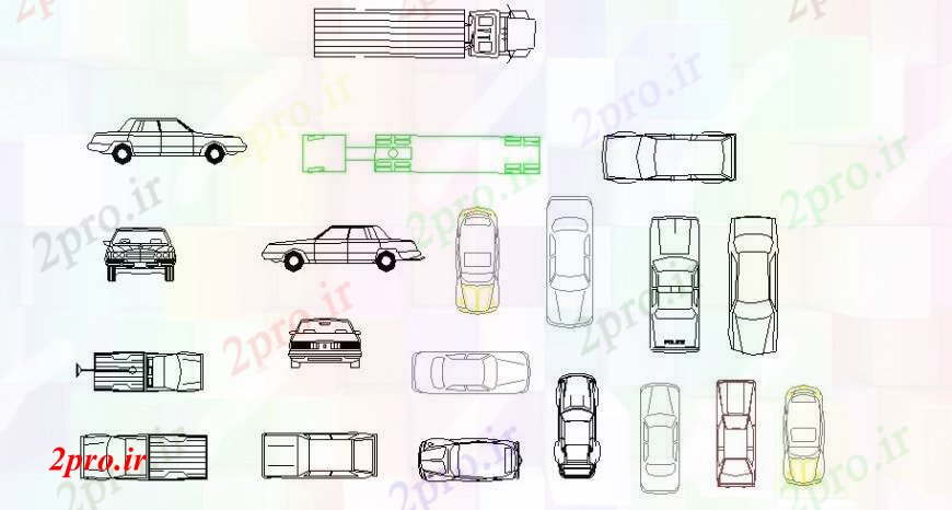 دانلود نقشه بلوک وسایل نقلیه اتومبیل دیگر و کامیون دو بعدی  بلوک نما طراحی جزئیات  (کد99838)