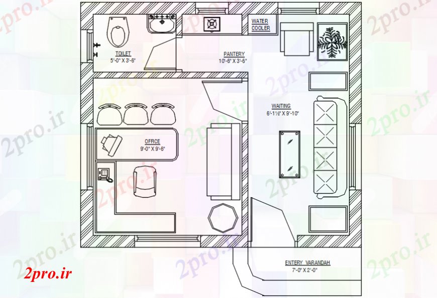 دانلود نقشه جزئیات و طراحی داخلی دفتر طراحی کابین دفتر با مبلمان خودکار 8 در 9 متر (کد99855)