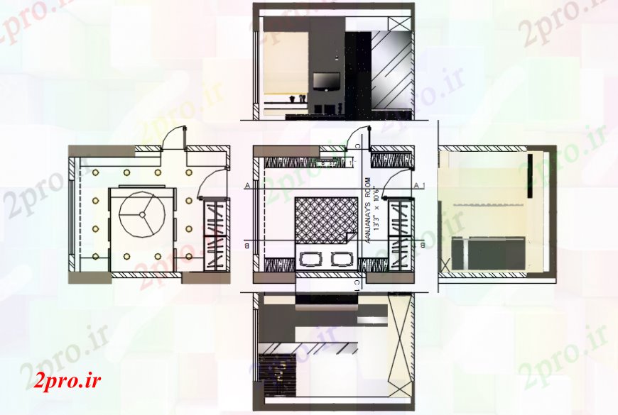 دانلود نقشه حمام مستر طراحی اتاق خواب، طرحی سقف، داخلی و مبلمان جزئیات (کد99864)