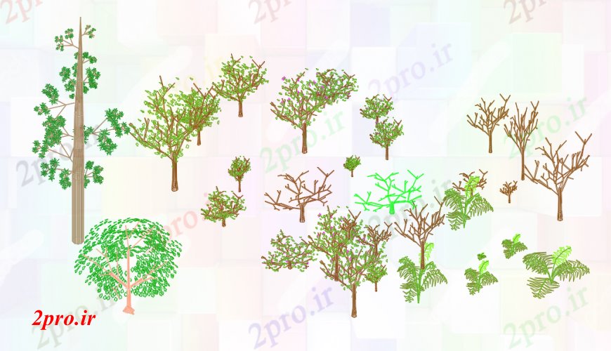 دانلود نقشه درختان و گیاهان طراحی تریدی درخت بلوک (کد99885)