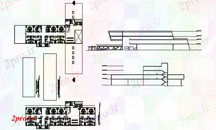 دانلود نقشه ساختمان اداری - تجاری - صنعتی ساختمان اداری نما اصلی و پشت و طرحی طبقه طراحی جزئیات 19 در 29 متر (کد99923)